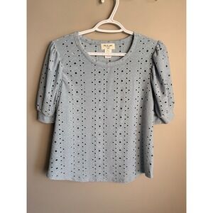 Kim & Cami Eyelet Puff Sleeve Top Small Light Blue Cottagecore Romantic Twee
